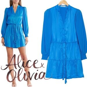 Alice & Olivia Antonette Dress Long Sleeve Tiered Mini Blue Size 10